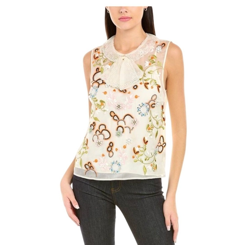 Tory Burch SZ 12 Floral‎ Embroidered Beaded Silk Top Lace Peter Pan Collar Ivory